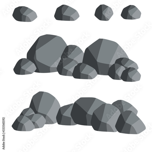 Natural wall stones and smooth and rounded grey rocks. Cartoon flat illustration. Element of forests, mountains and caves with cobblestone photo