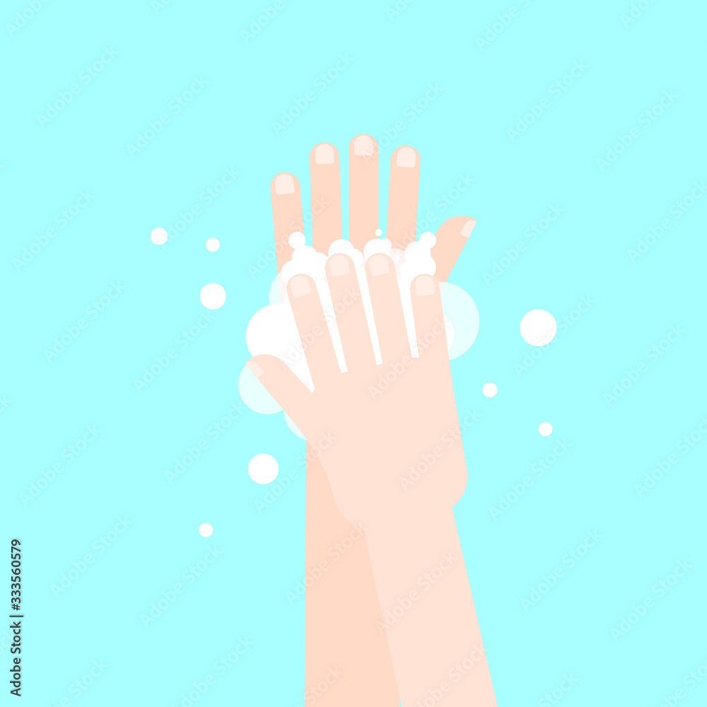 Washing hands with soap in flat style isolated on blue background. Vector illustration. Washing hands with soap in flat style isolated on blue background. Vector illustration.