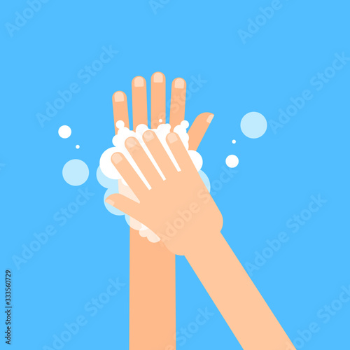 Washing hands with soap in flat style isolated on blue background. Vector illustration.