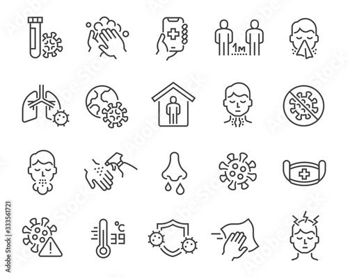  Flu and coronavirus icons set. Collection of linear simple web icons such as hygiene, disinfection, symptoms, treatment, virus, prevention and other. Editable vector stroke.