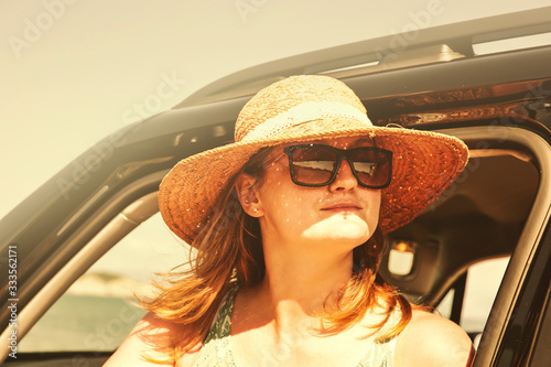 woman in summer car and free space for your decoration 