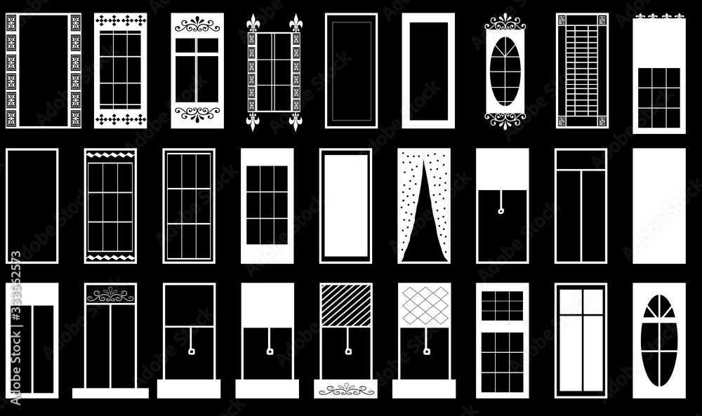 windows collection drawings, different architectural elements set of house or buildings window style