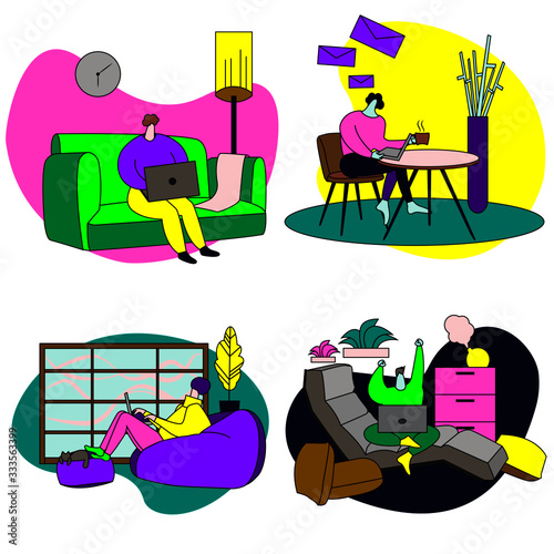 Working from home, co working space, concept illustration. Young people, man and woman freelancers working at home. Vector flat style illustration stock illustration