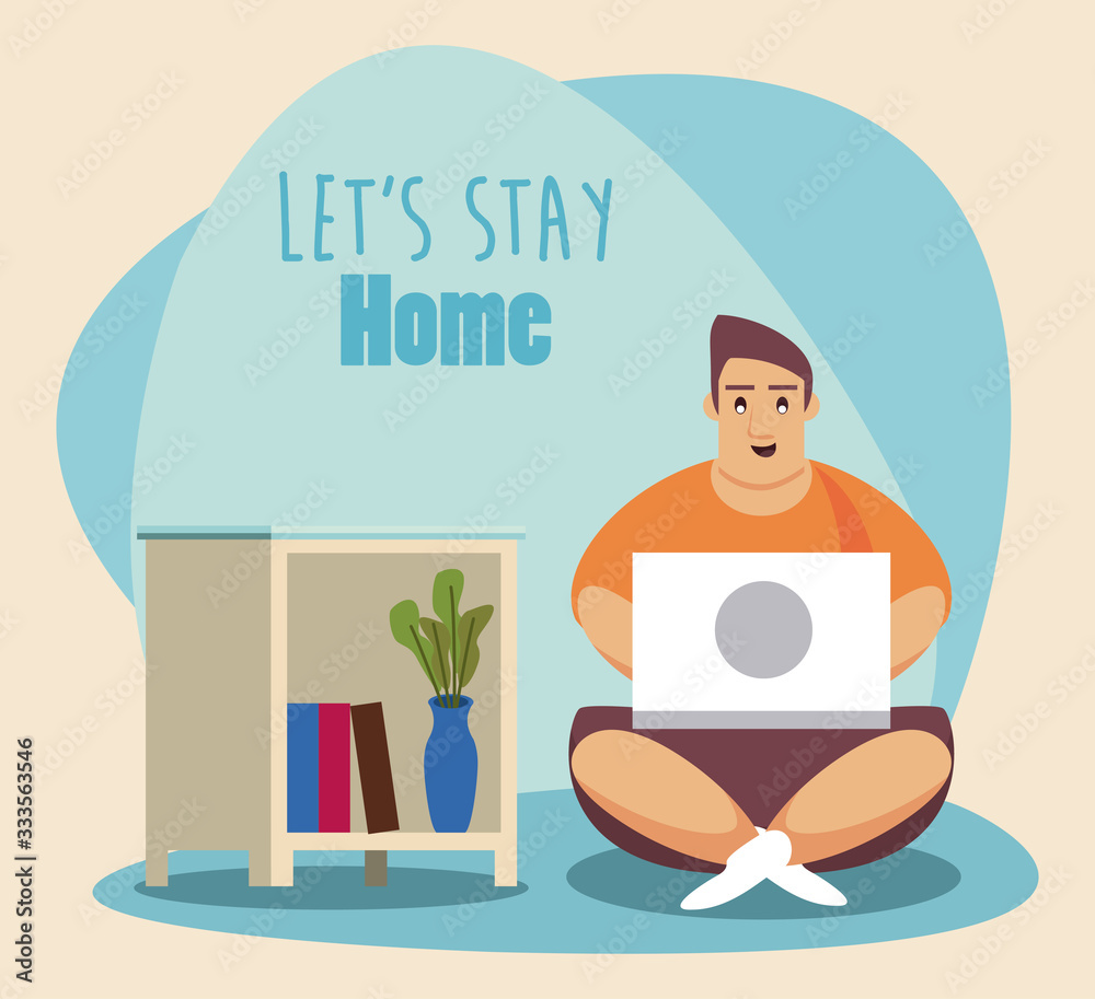 Fototapeta premium lets stay at home scene with man working in laptop