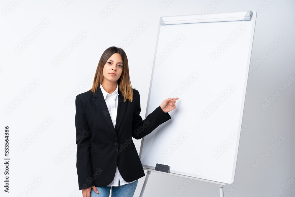 Young woman giving a presentation on white board giving a presentation on white board Young woman giving a presentation on white board giving a presentation on white board