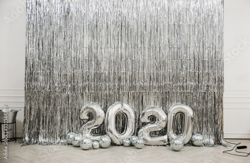 Silver photo zone for photographing with balls 2020. Holidays concept