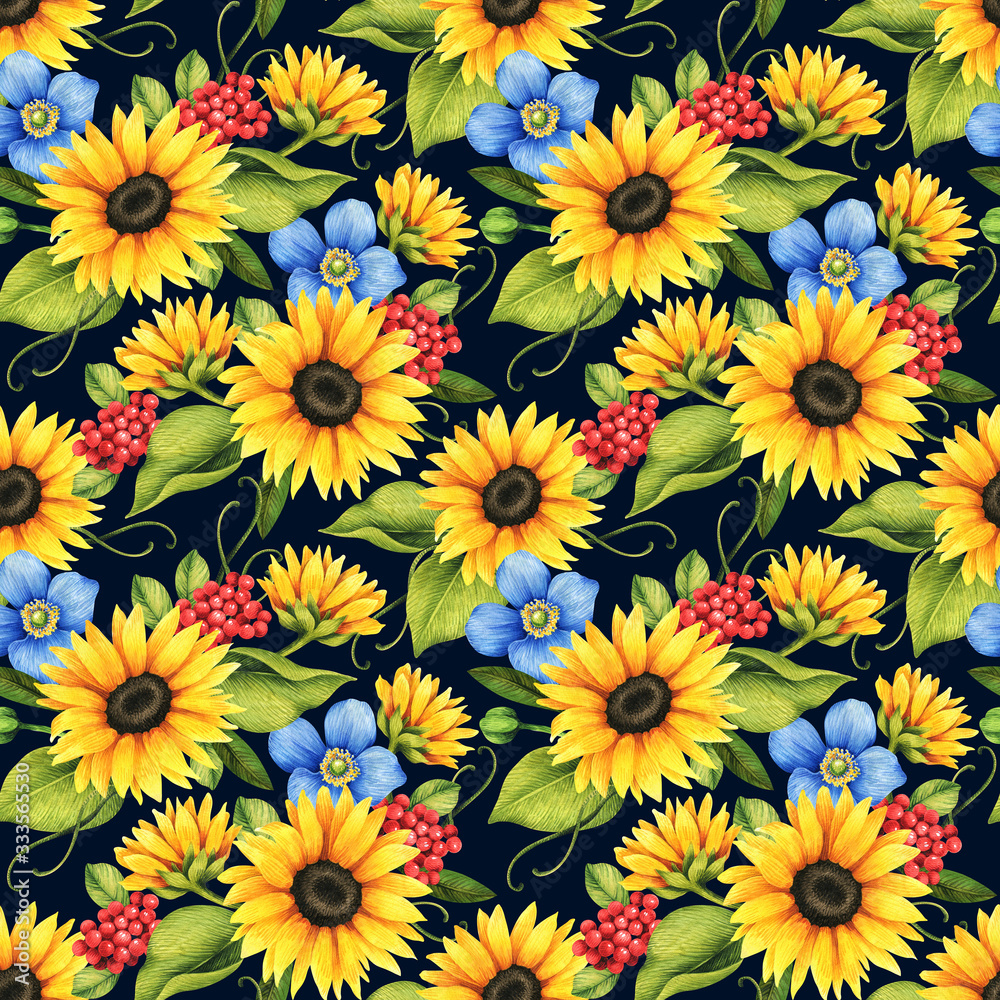 Obraz premium Floral seamless pattern with decorative sunflowers, poppies, berries, flowers and leaves.