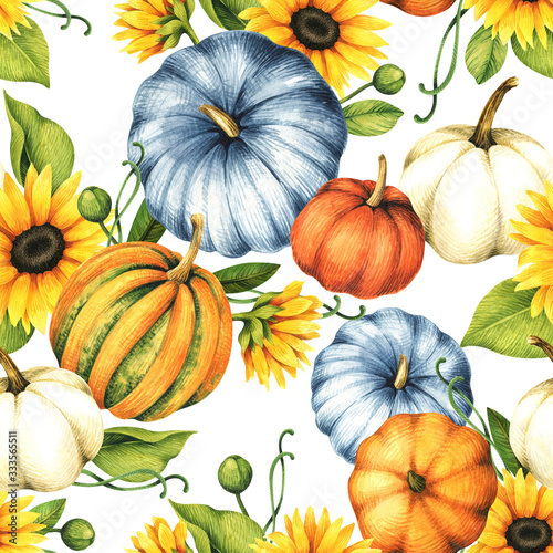 Watercolor illustration with pumpkins and sunflowers. Seamless watercolor pattern for design of wallpaper, fabric, wrapping paper and more.
