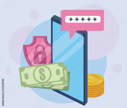 payment online technology with smartphone and bills dollars