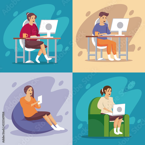 people using technology work at home
