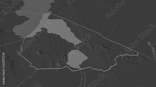 Mangochi, district with its capital, zoomed and extruded on the bilevel map of Malawi in the conformal Stereographic projection. Animation 3D photo