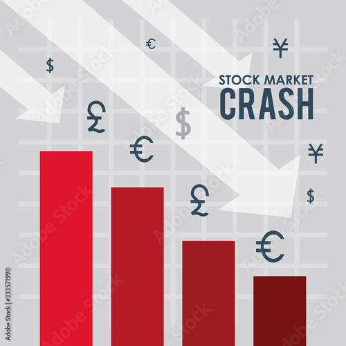 stock market crash with arrows down and statistics bars