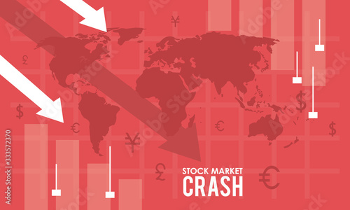 stock market crash with arrows down and earth maps