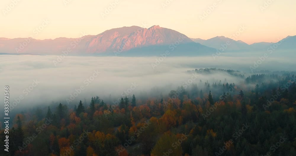 Snoqualmie Valley Washington USA Aerial Overhead View Flying Above Fall Colored Foogy Forest towards Mount Si at Sunset