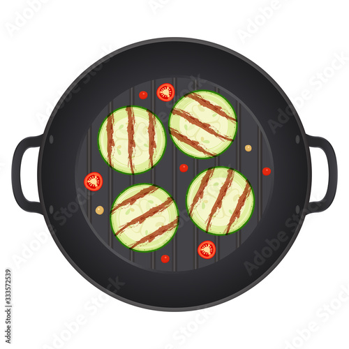 Grilled zucchini sliced slices in a pan with chili peppers, isolated on white background. Rings of zucchini. Vector Illustration.