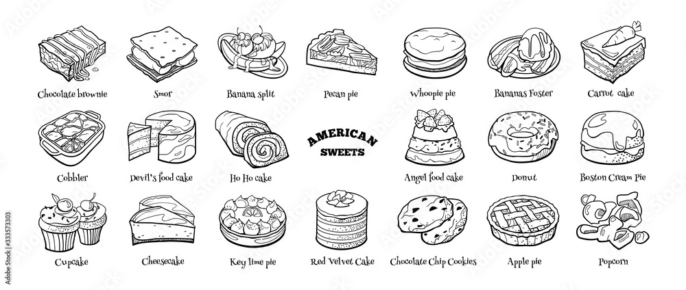 Collection of traditional American desserts. Hand drawn sketch in doodle style.