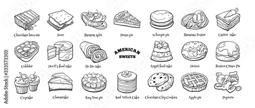 Collection of traditional American desserts. Hand drawn sketch in doodle style.