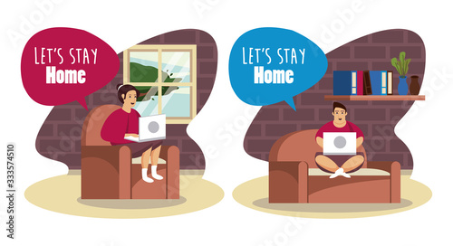 lets stay at home scene with couple working in laptop