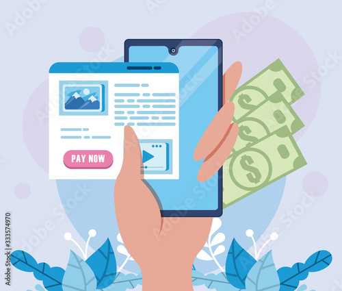 payment online technology with smartphone and bills dollars