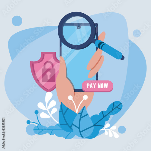 payment online technology with smartphone and magnifying glass