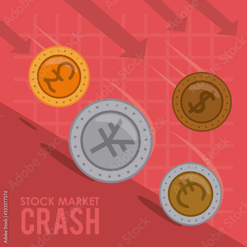stock market crash with coins money and arrows down