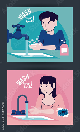 wash your hands campaign poster with couple and water taps