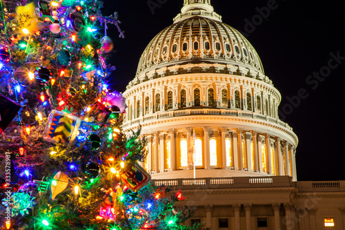 View of the US Capitol Building in Washington, DC through the US Capitol Christmas Tree, commonly know as "The People's Tree"