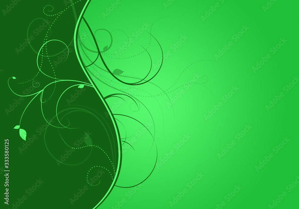 Elegant green background with swirls and little leaves and space for your text. Spring illustration. Elegant green background with swirls and little leaves and space for your text. Spring illustration.