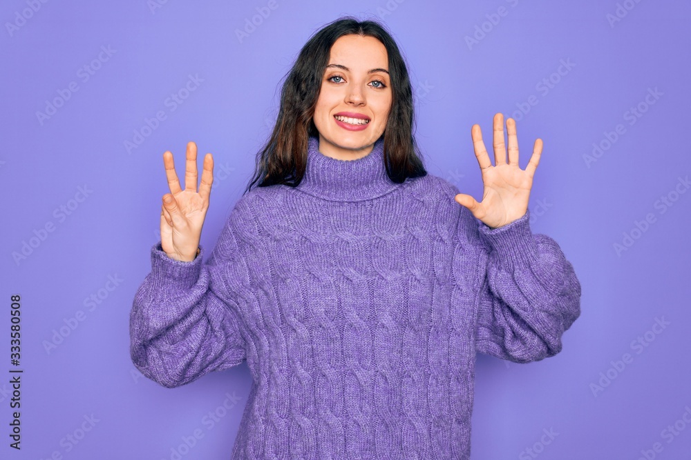 Young beautiful woman wearing casual turtleneck sweater standing over purple background showing and pointing up with fingers number eight while smiling confident and happy. Young beautiful woman wearing casual turtleneck sweater standing over purple background showing and pointing up with fingers number eight while smiling confident and happy.