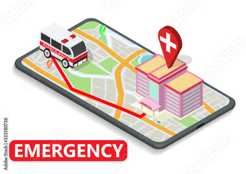 Isometric map with ambulance and hospital on phone