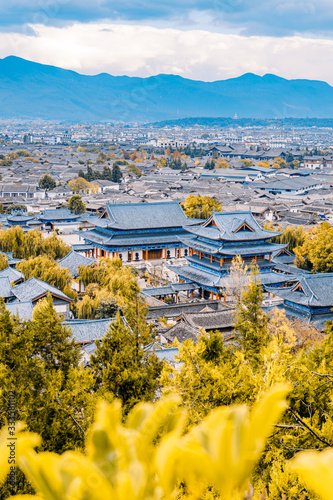 High angle view of Dayan Ancient City and Mufu in Lijiang, Yunnan, China