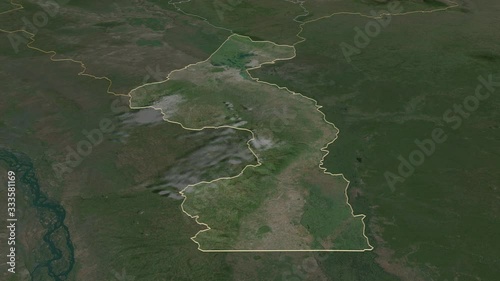 Nsanje, district with its capital, zoomed and extruded on the satellite map of Malawi in the conformal Stereographic projection. Animation 3D photo