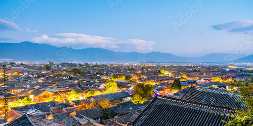 High angle night view of Dayan Ancient City, Lijiang, Yunnan, China