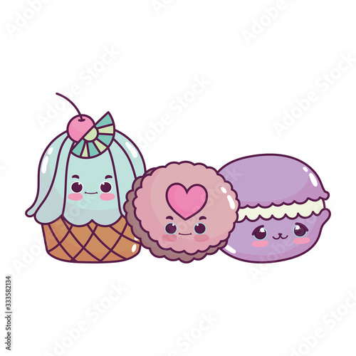 cute food cupcake cookie and macaroon sweet dessert pastry cartoon isolated design