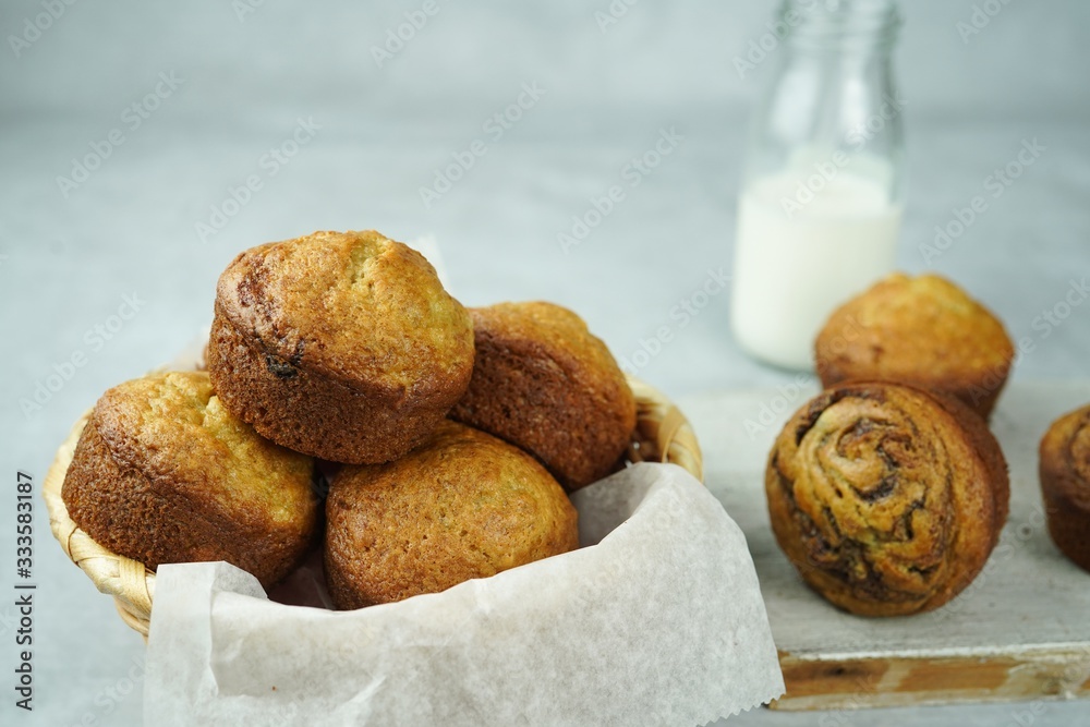 Homemade breakfast Banana Muffins served with glass of milk Homemade breakfast Banana Muffins served with glass of milk