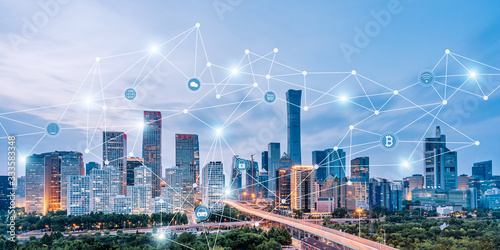 Beijing, China CBD skyline and urban interconnected big data concept