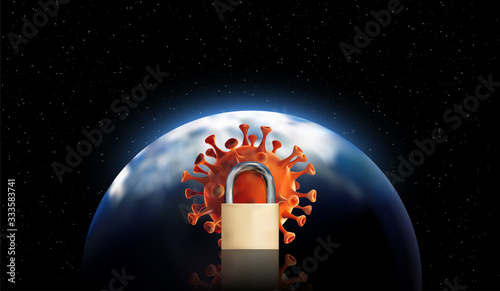 3D Realistic illustration of Novel coronavirus cell (2019-nCoV) outbreak and padlocks, lockdown above planet earth. 3D illustration background.