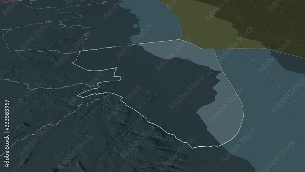 Salima, district with its capital, zoomed and extruded on the administrative map of Malawi in the conformal Stereographic projection. Animation 3D