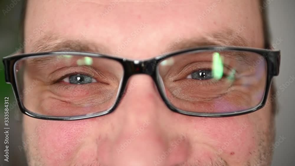 Eyes of a man in glasses close-up. There are emotions on the face. Facial muscles Eyes of a man in glasses close-up. There are emotions on the face. Facial muscles