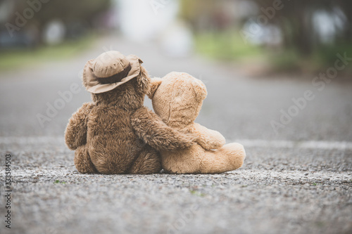 One teddy bear with his/her arm wrapped around a smaller teddy bear showing compassion on a road