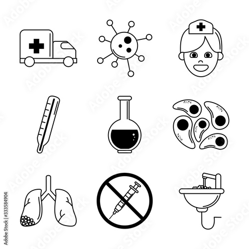 virus covid 19 pandemic respiratory illness icons set line style
