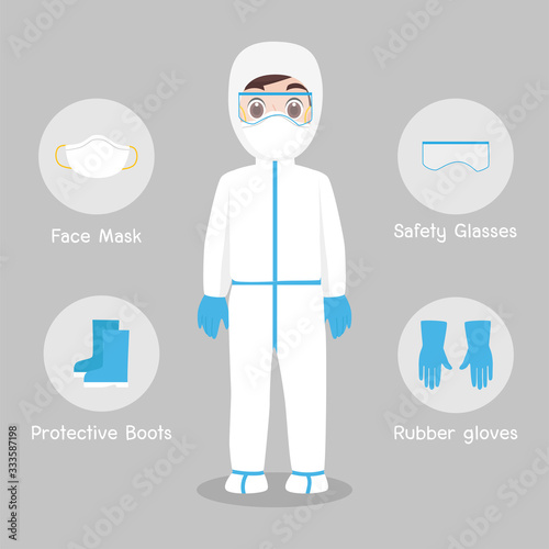Doctors Character wearing in full protective suit Clothing isolated and Safety Equipment for prevent virus Wuhan Covid-19.Corona virus, people wearing Personal Protective Equipment.Work safety