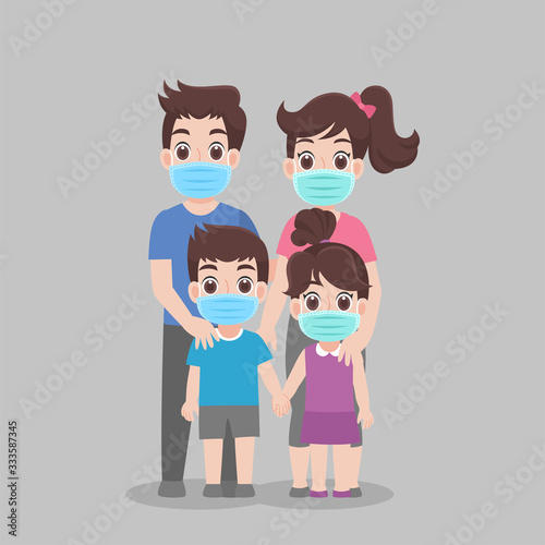 Family wearing protective Medical mask for prevent virus Wuhan Covid-19.Corona virus, People wearing a surgical mask. Health care concept