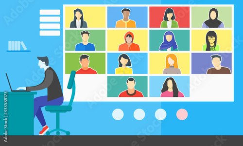 Remote Learning Online College Class. Stay, Study or Work from Home WFH During Coronavirus COVID-19 Pandemic Outbreak University School Course Closures. TV Teleconference Video Conference.