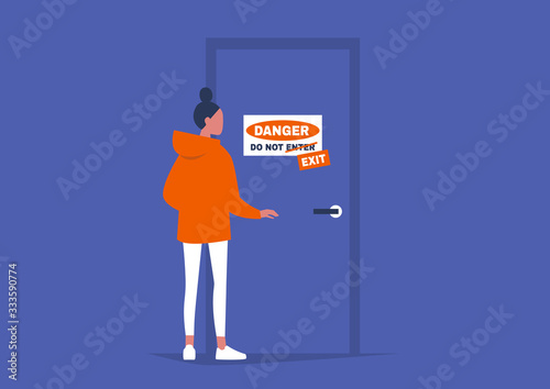 Danger do not exit sign, quarantine mode, shelter in place policy, young female character standing in front of the locked door