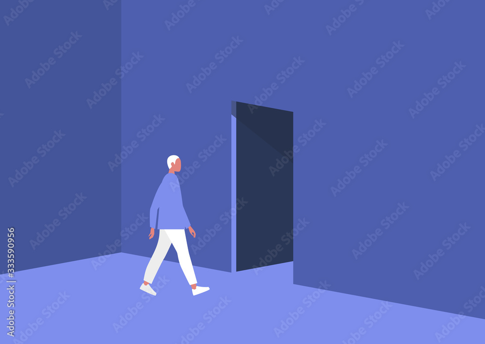Young male character leaving the room, exit Young male character leaving the room, exit