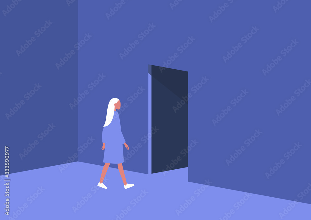 Young female character leaving the room, exit Young female character leaving the room, exit
