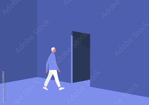 Young male character leaving the room, exit