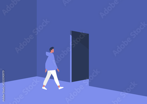 Young male character leaving the room, exit