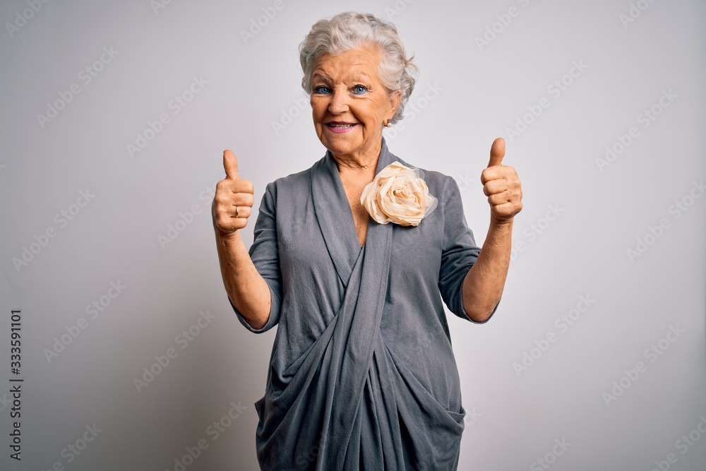 Senior beautiful grey-haired woman wearing casual dress standing over white background success sign doing positive gesture with hand, thumbs up smiling and happy. Cheerful expression and winner Senior beautiful grey-haired woman wearing casual dress standing over white background success sign doing positive gesture with hand, thumbs up smiling and happy. Cheerful expression and winner
